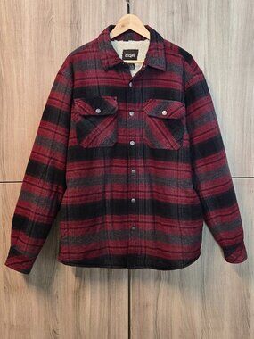 CQR Sherpa Lined Plaid Snap Button Shacket Mens Lumberjack Red Work Warm L